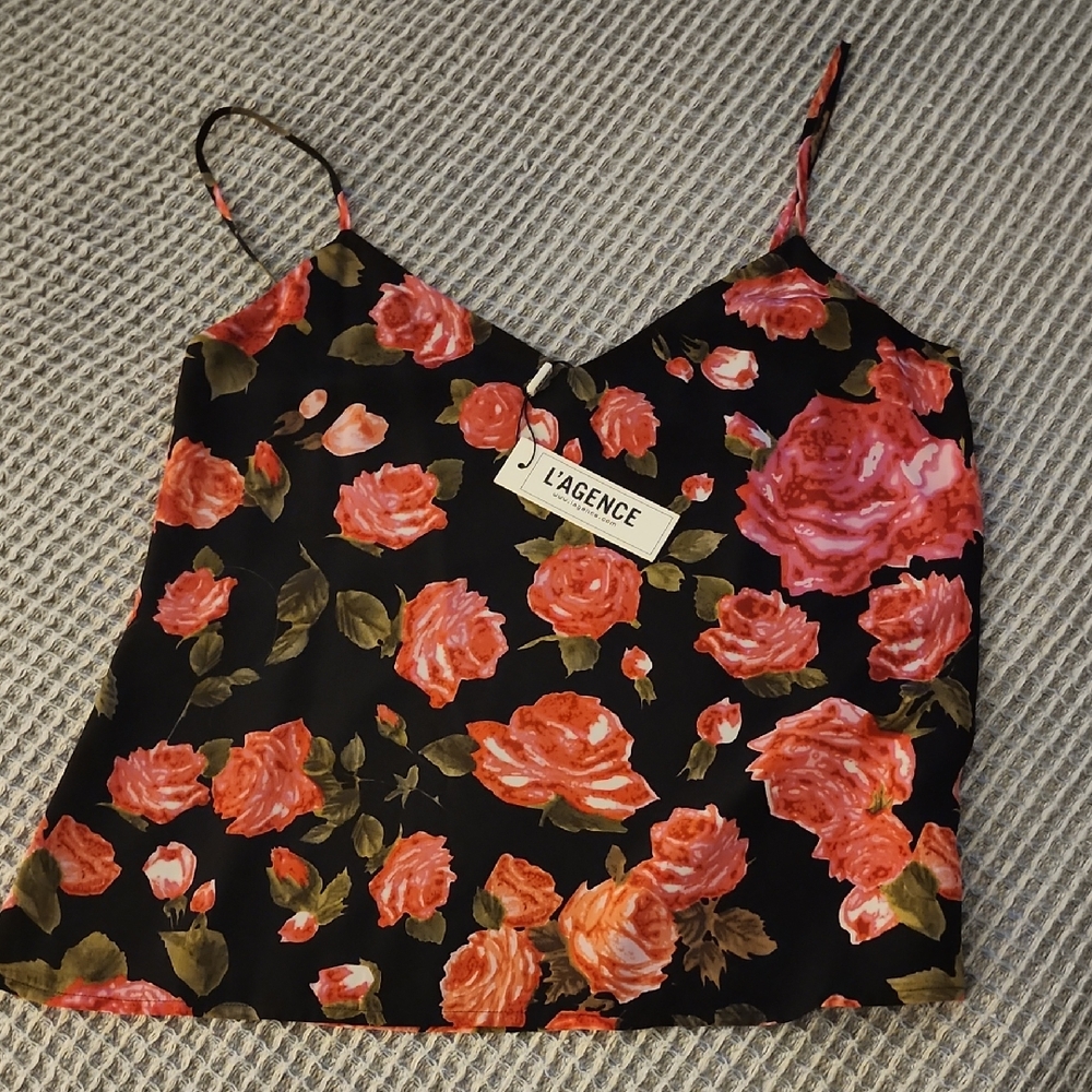 L'AGENCE Black Floral Silk Camisole with Pink/Coral Roses